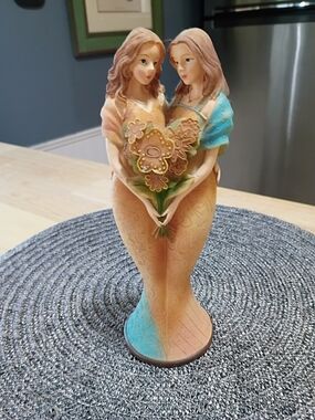 Handcrafted Dual-Figure Sisters Home Art Sculpture in Peach and Turquoise